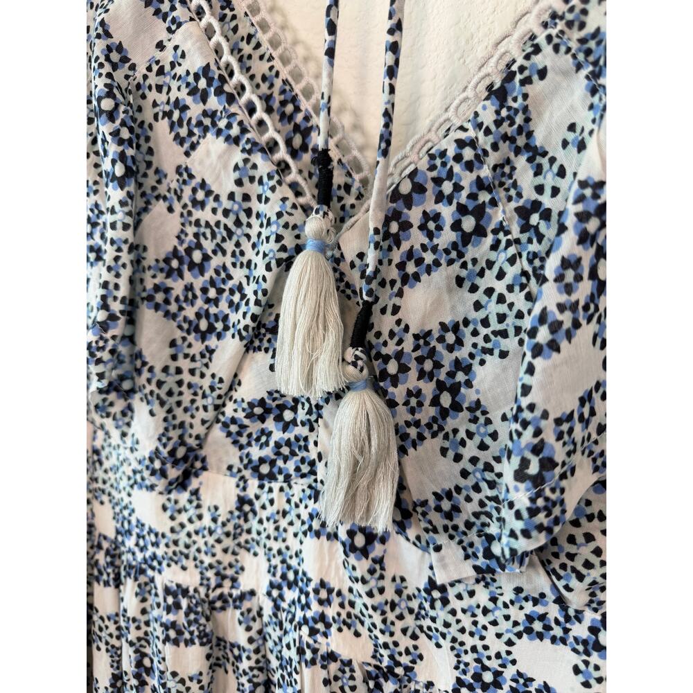 Anthropologie V-Neck Plunge Tunic Mini Dress Blue Motif Ruffle Boho XL - Picture 9 of 9